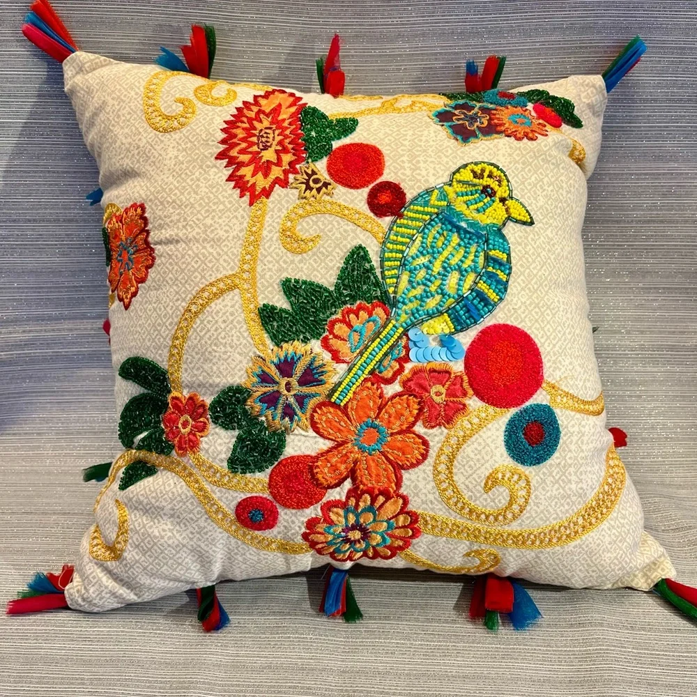Arhaus Throw Pillow Beaded & Embroidered Bird Flowers GORGEOUS 16x16”